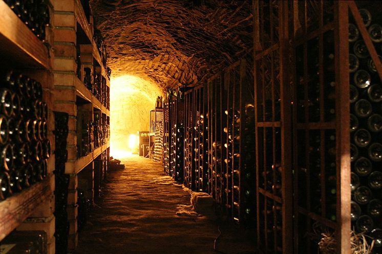 A large wine cellar where light streams in from afar through an open doorway