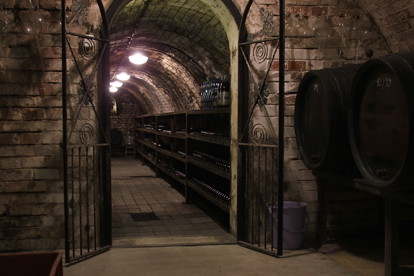 Entrance to a large wine cellar with iron gates that are standing open