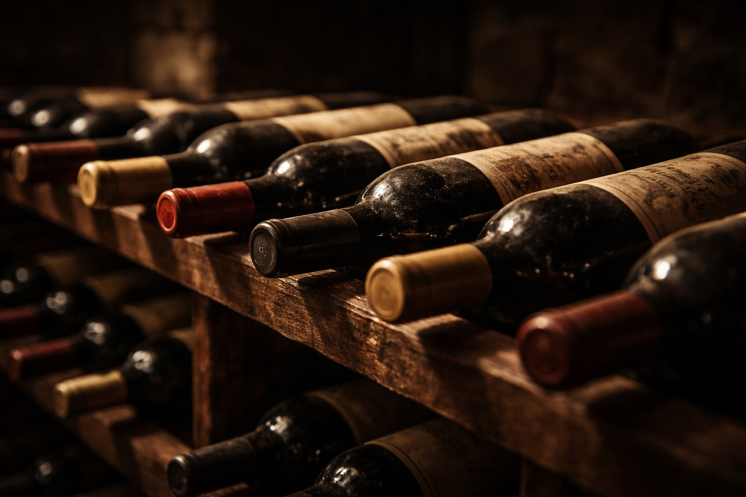 Wine bottles lying on their side on a shelf in a dark wine cellar